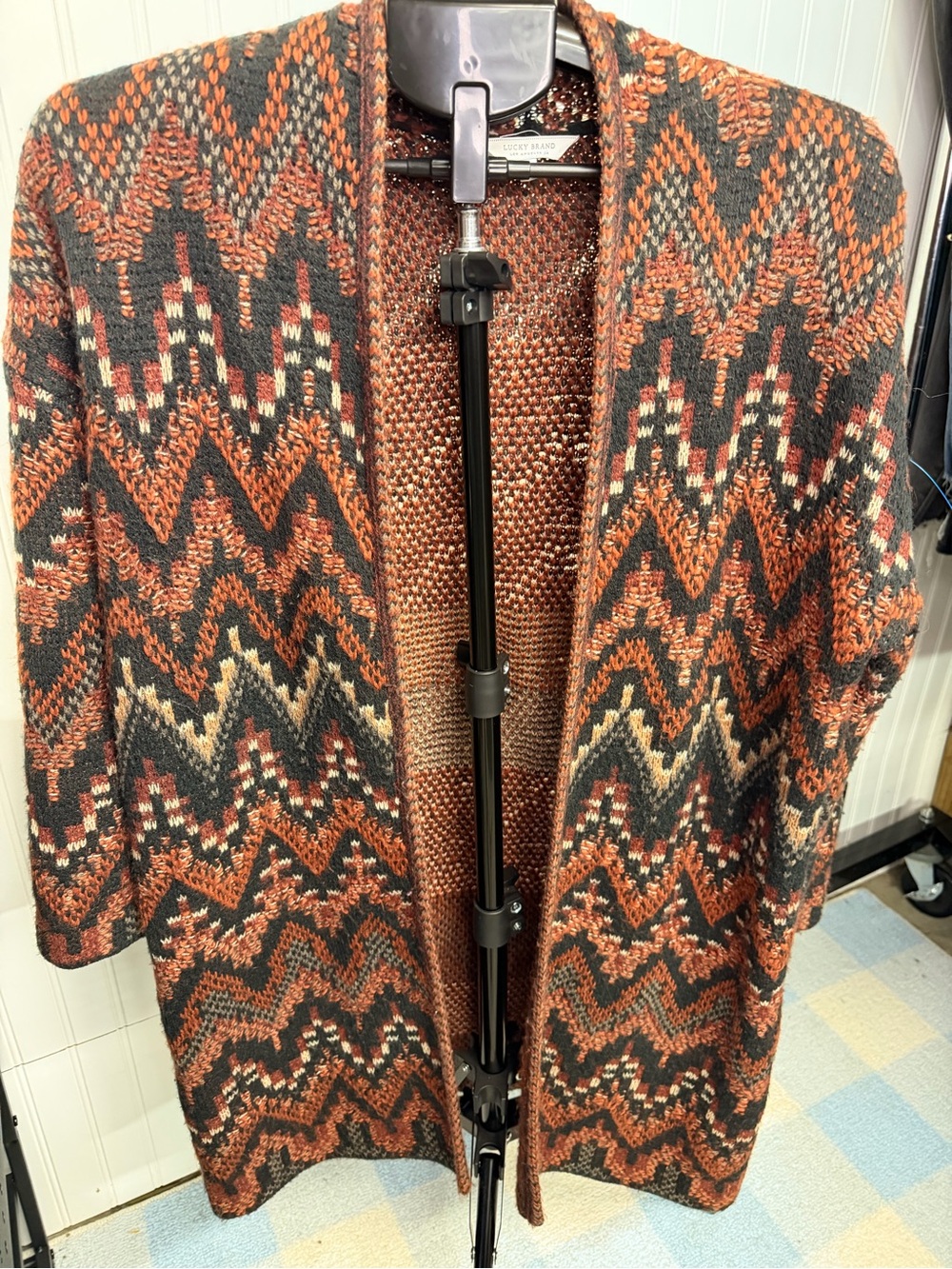Lucky Brand Rust and Charcoal Chevron Open-Front Teddy Jacket